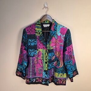 VTG 90s Nancy Bolen Blazer Womens Large Multicolor Silk Floral Beaded Patchwork